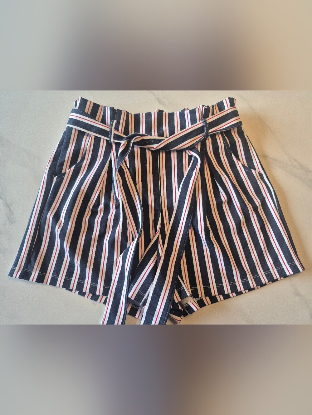 Ardene High-Waist Striped Tie-Belt Shorts - Navy/White/Red